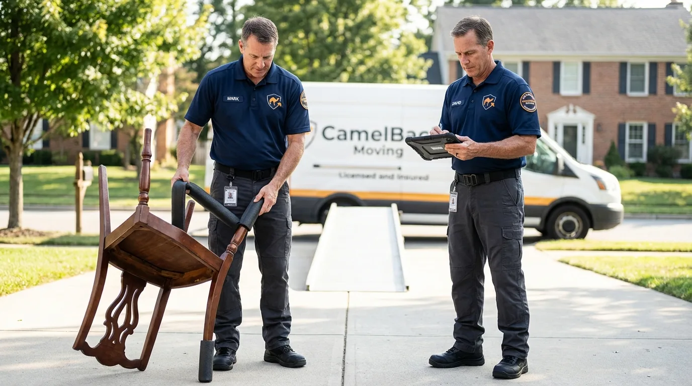 Movers inspecting furniture for damage prevention before loading in Lyndhurst, NJ