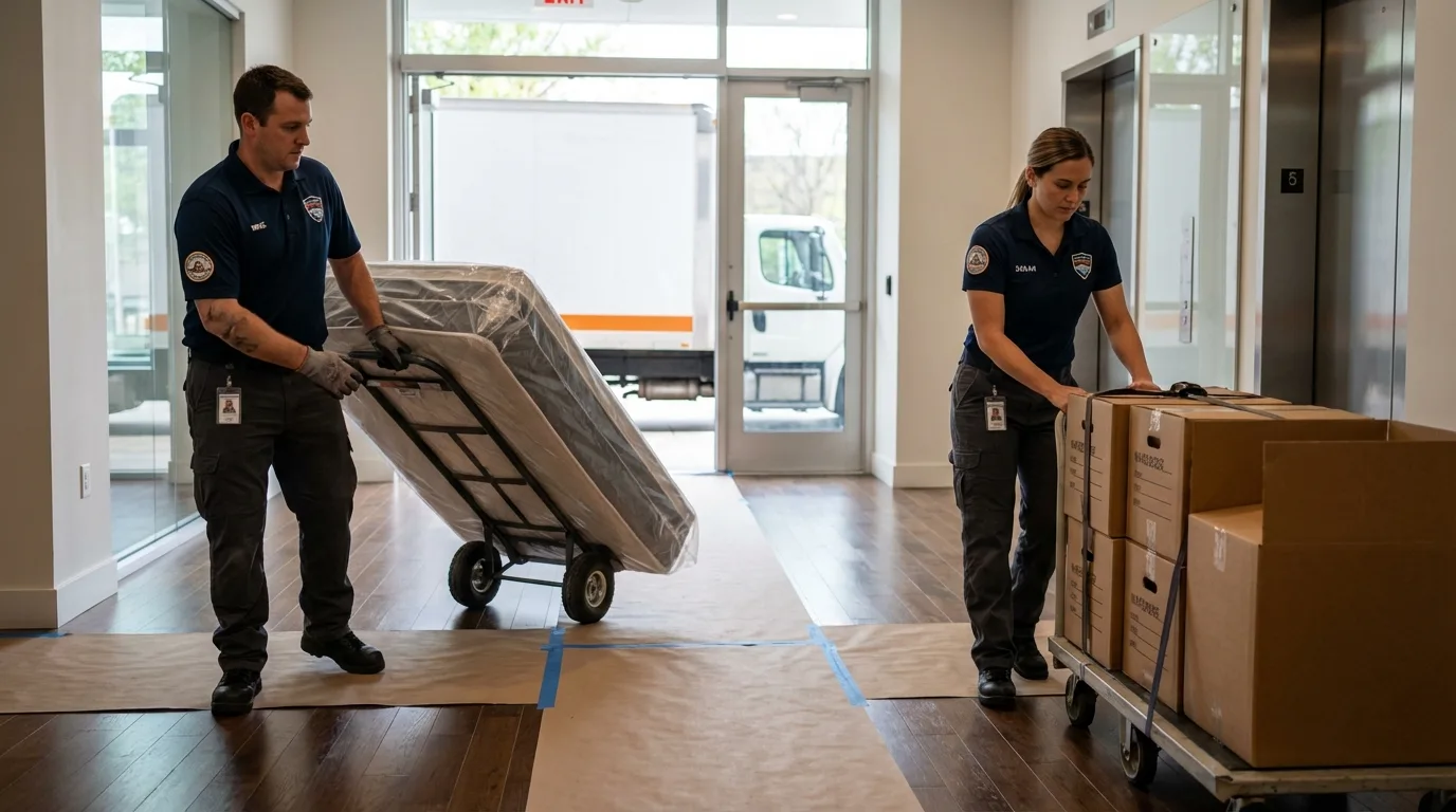 Professional apartment movers loading elevator in Lyndhurst, NJ
